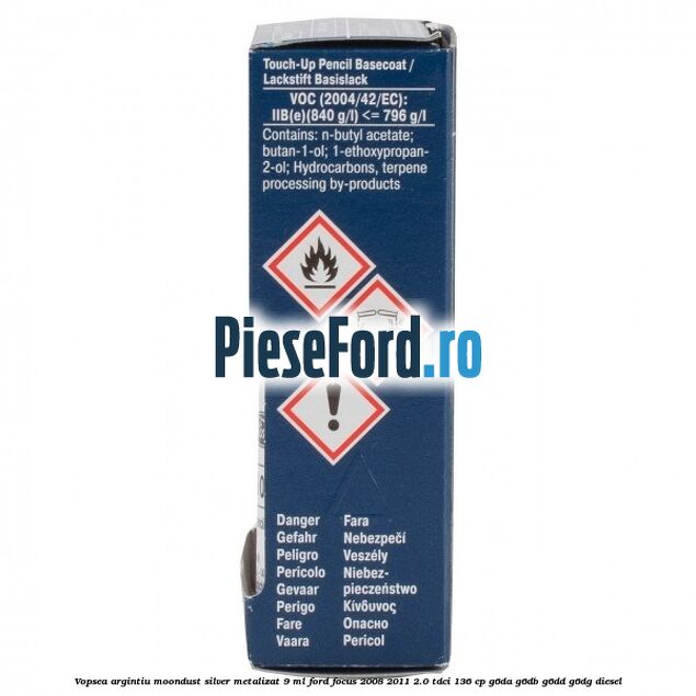 Vopsea argintiu Moondust silver metalizat, 9 ml Ford Focus 2008-2011 2.0 TDCi 136 cp G6DA, G6DB, G6DD, G6DG diesel